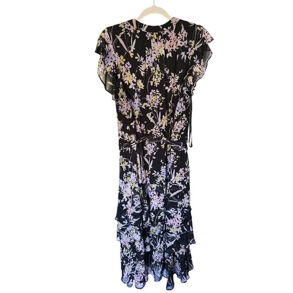Calvin Klein Ruffle Flounce Midi Dress Black Belted 1X Floral Event Cocktail - Picture 3 of 10